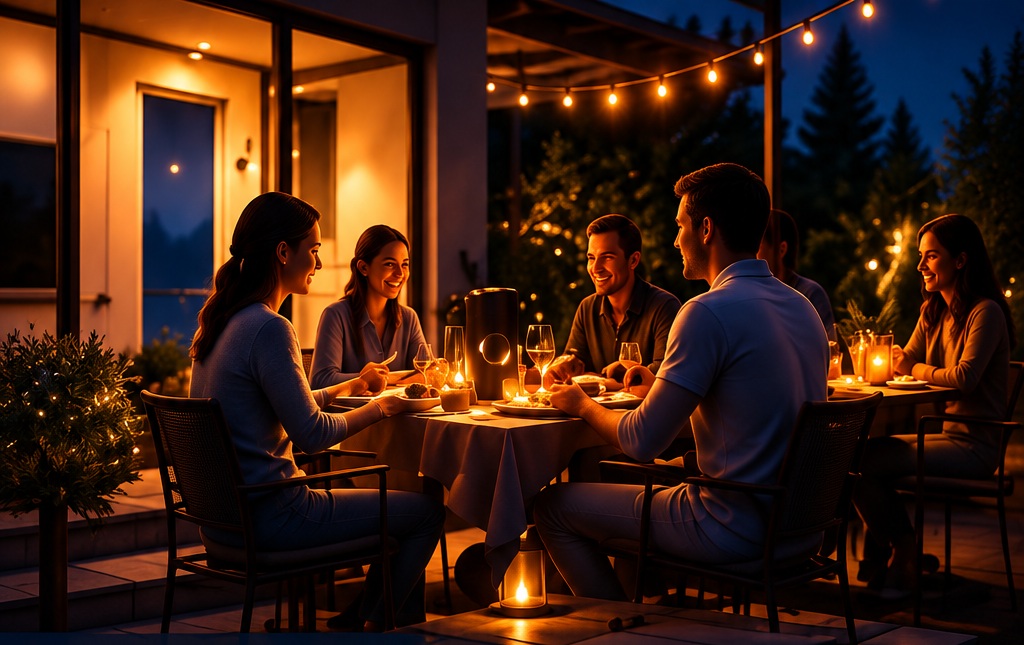 Vrienden aan tafel op een verlicht terras