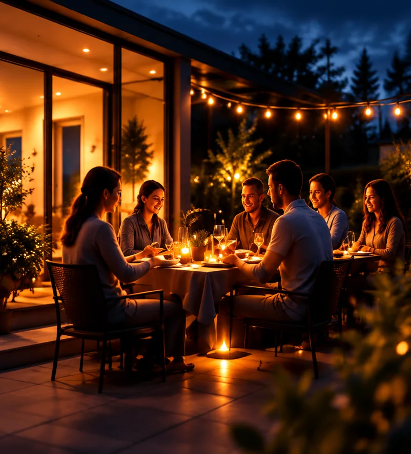 Vrienden aan tafel op een verlicht terras in de avond
