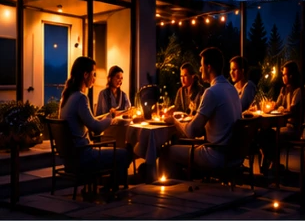 Vrienden aan tafel op een verlicht terras