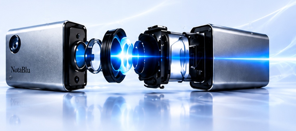 Cut-away Mini Silver Samurai with housing, lenses, laser module and battery (illustrative)